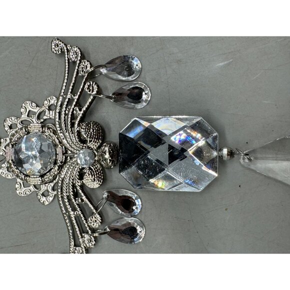 Elegant Silver-Tone & Faceted Hanging Ornament Metalwork & Teardrop 6" READ - Picture 7 of 10